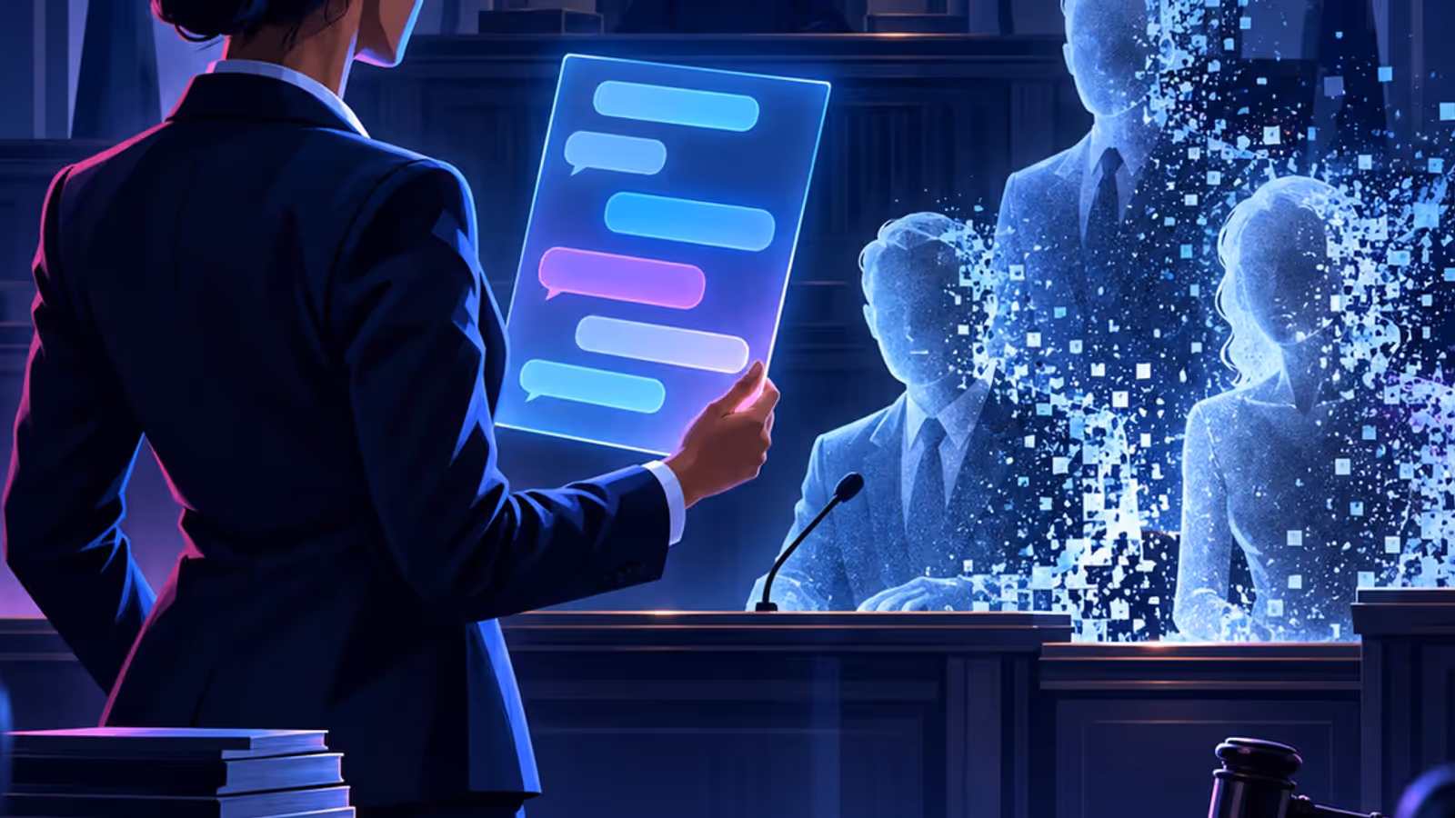 Advogado apresenta interface de IA diante de testemunhas fantasmagóricas em um tribunal.