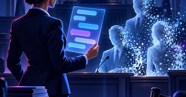 Advogado apresenta interface de IA diante de testemunhas fantasmagóricas em um tribunal.