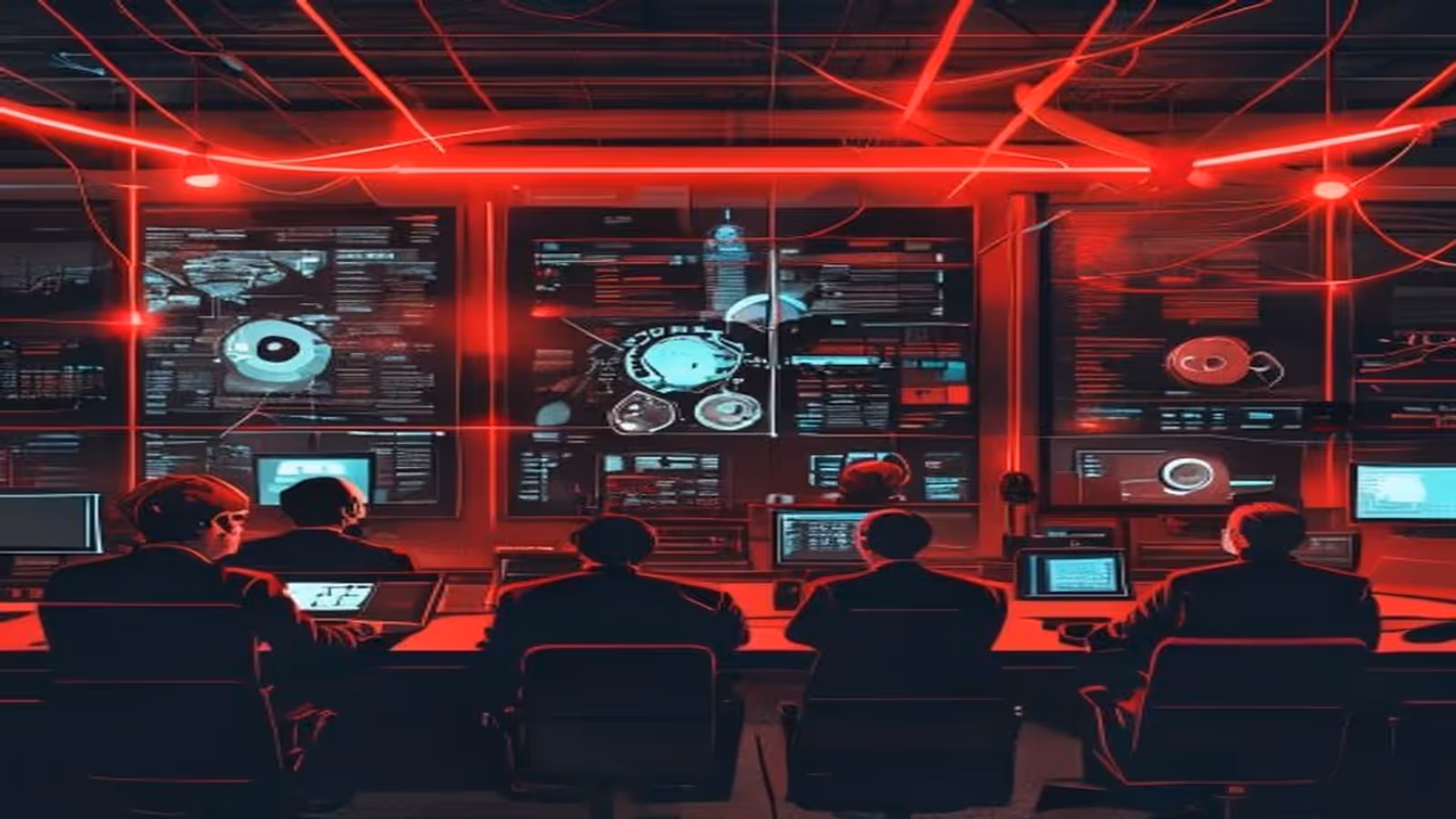 Ilustração editorial de sala de controle governamental com um grande botão de emergência e servidores de IA em alerta.