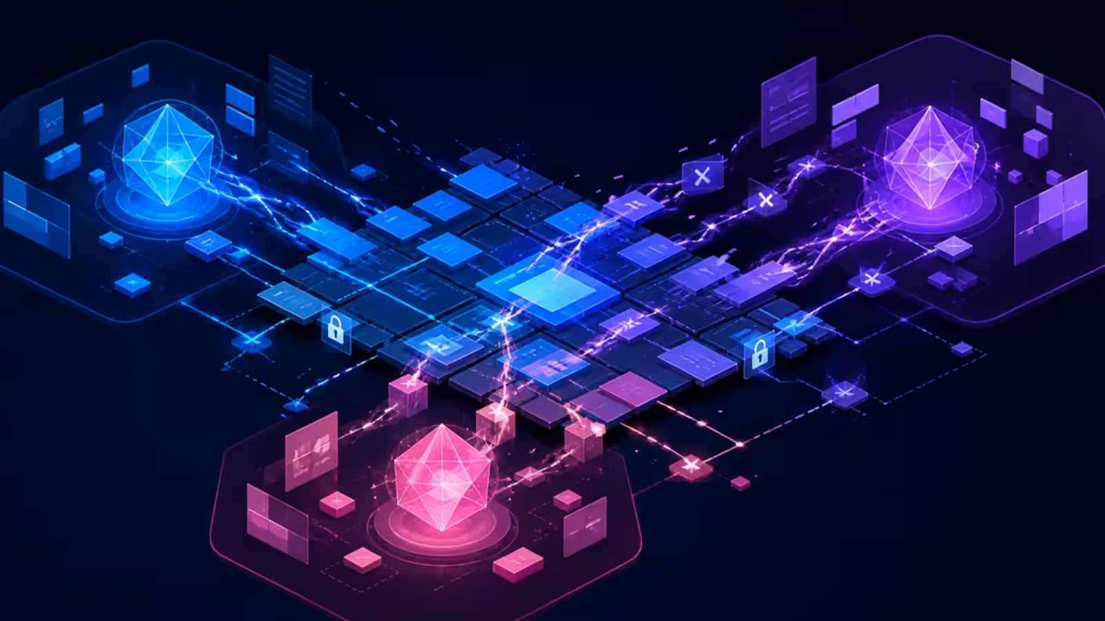 Três agentes abstratos de inteligência artificial disputam alterações no mesmo projeto digital