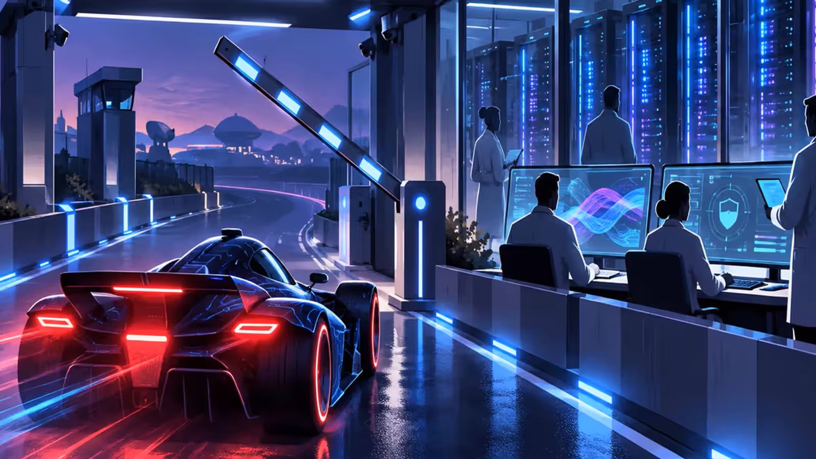 Carro futurista desacelera em um posto de auditoria diante de servidores de inteligência artificial.