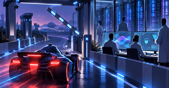 Carro futurista desacelera em um posto de auditoria diante de servidores de inteligência artificial.