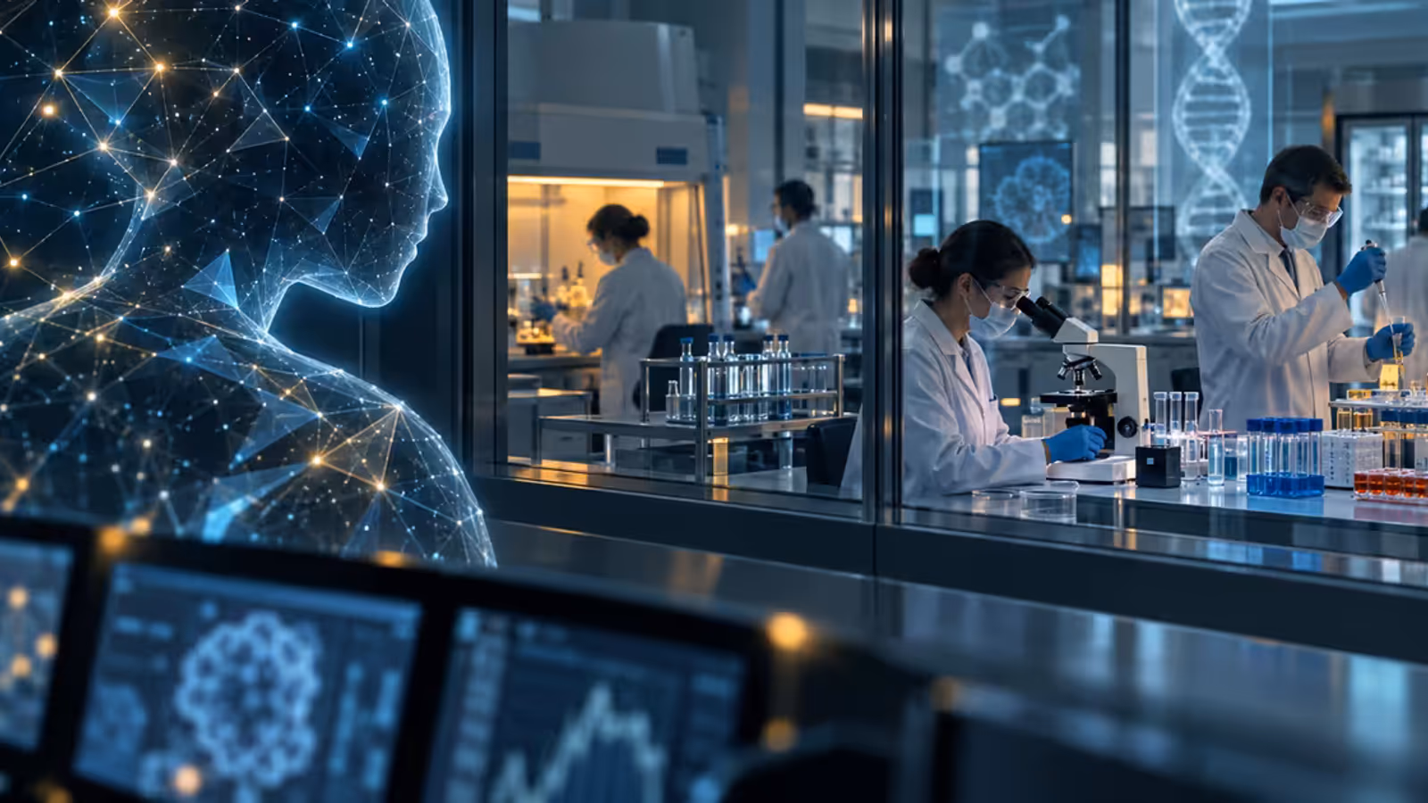 Assistente de inteligência artificial observa pesquisadores em um laboratório de biologia com microscópios e amostras.