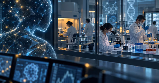 Assistente de inteligência artificial observa pesquisadores em um laboratório de biologia com microscópios e amostras.