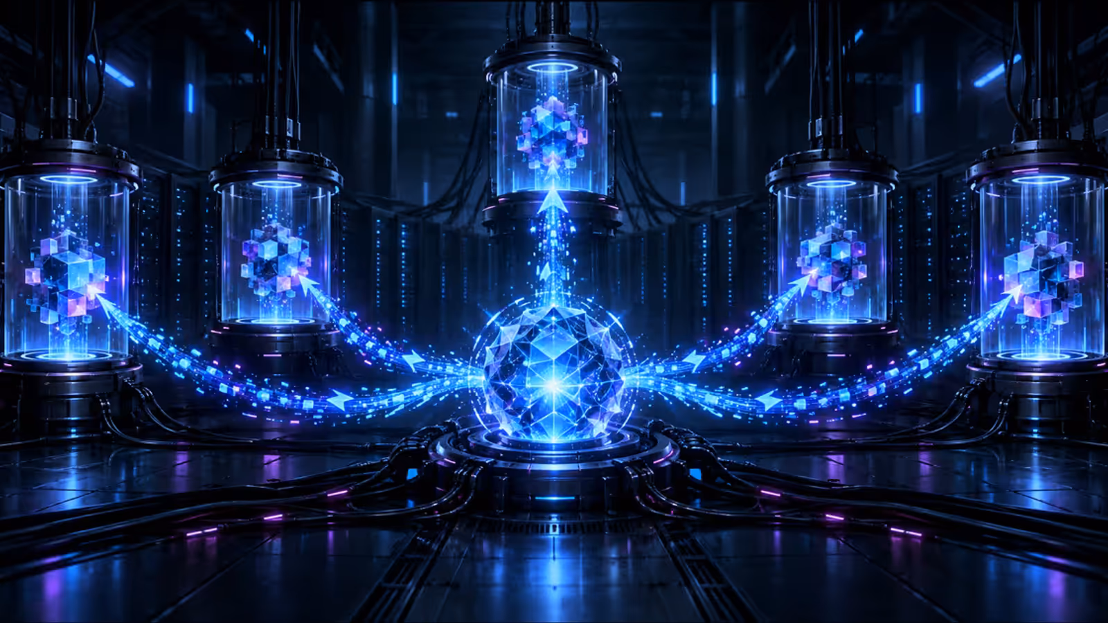 Cinco laboratórios de inteligência artificial extraem fluxos de raciocínio de um grande núcleo de modelo em um data center.