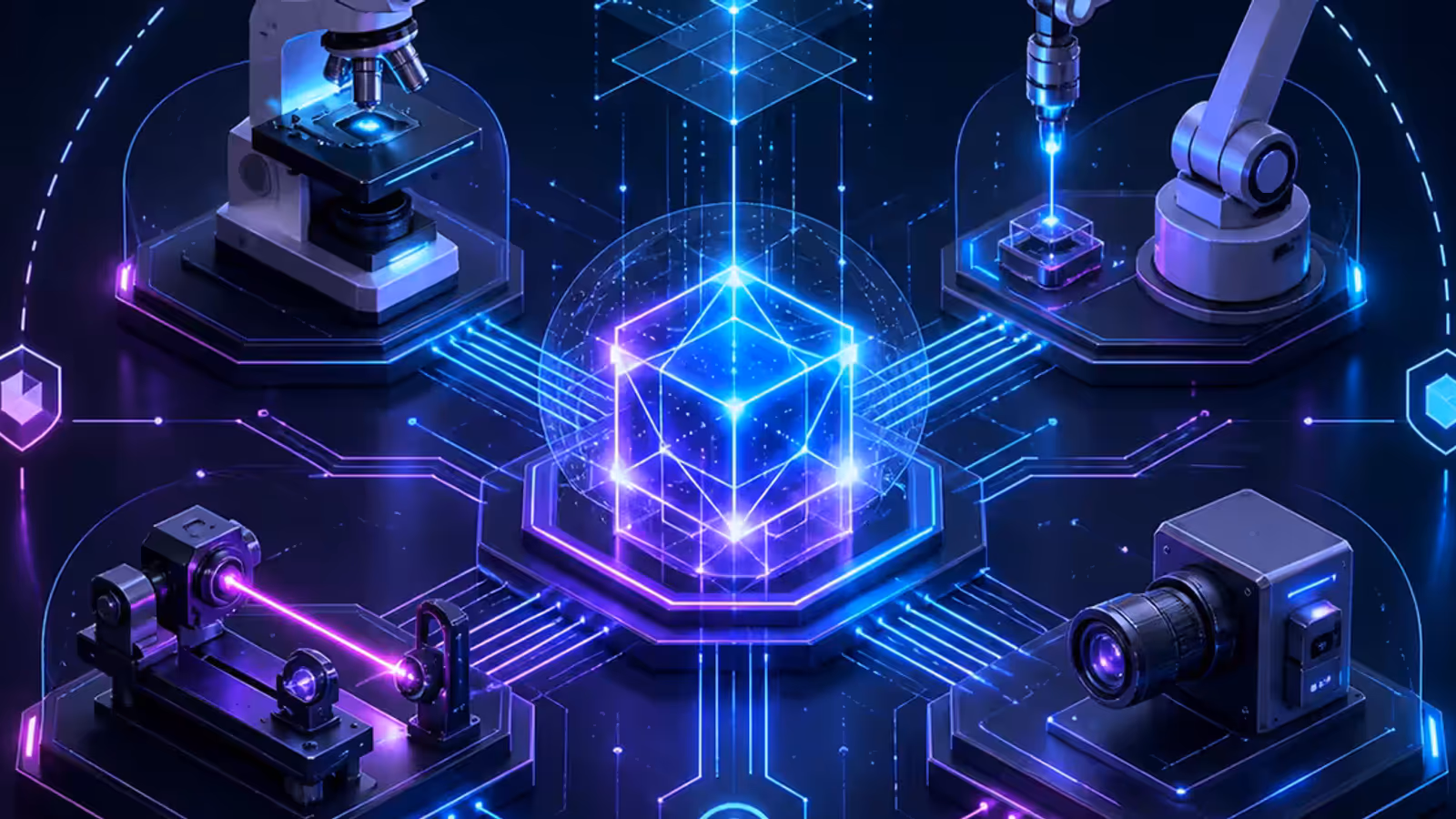 Ilustração de um agente de IA conectando microscópio, braço robótico, laser e sensores em laboratório