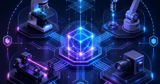 Ilustração de um agente de IA conectando microscópio, braço robótico, laser e sensores em laboratório