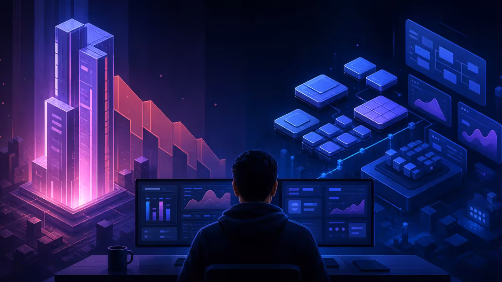 Ilustração de um desenvolvedor comparando uma torre de IA premium em queda com APIs modulares mais econômicas