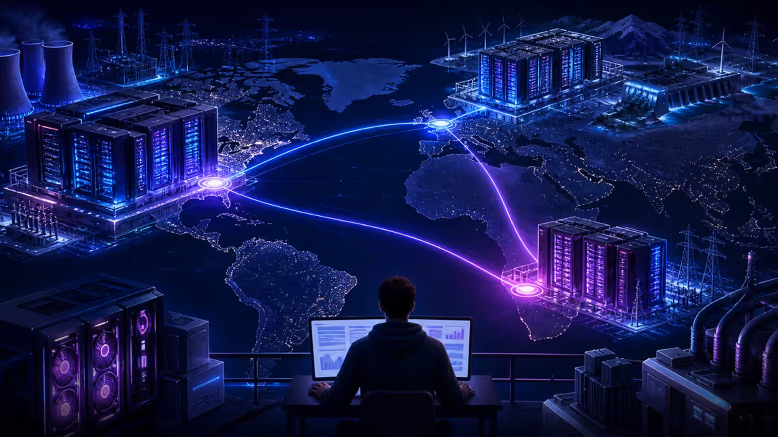 Mapa global de data centers de IA conectando Estados Unidos, Noruega e Brasil