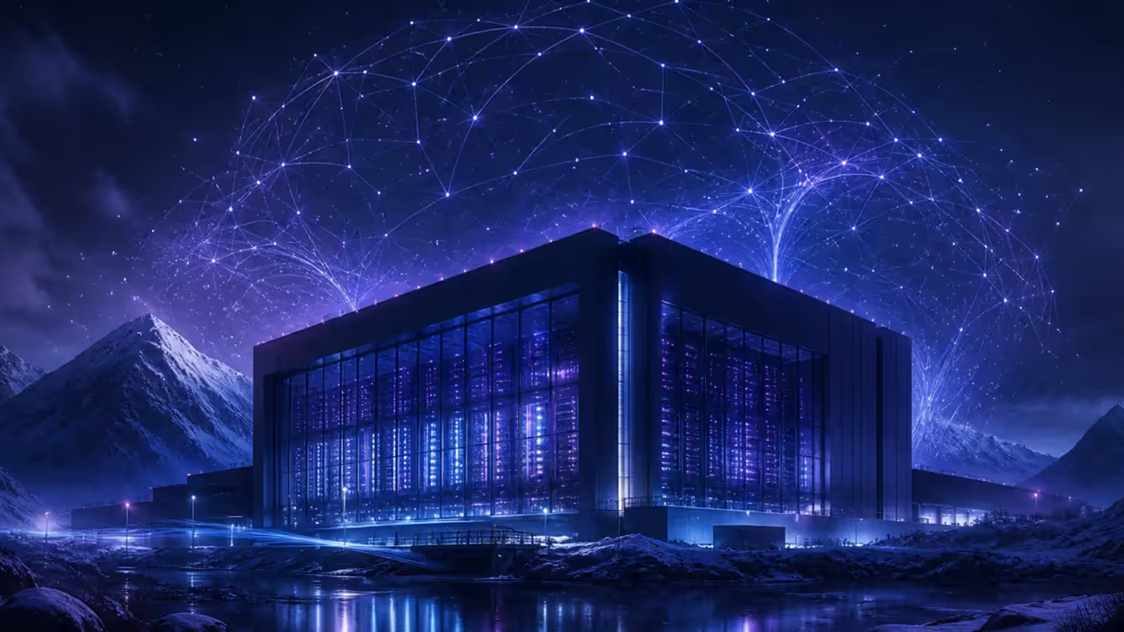 Ilustração de um grande data center nórdico com servidores iluminados e uma rede neural abstrata no céu noturno