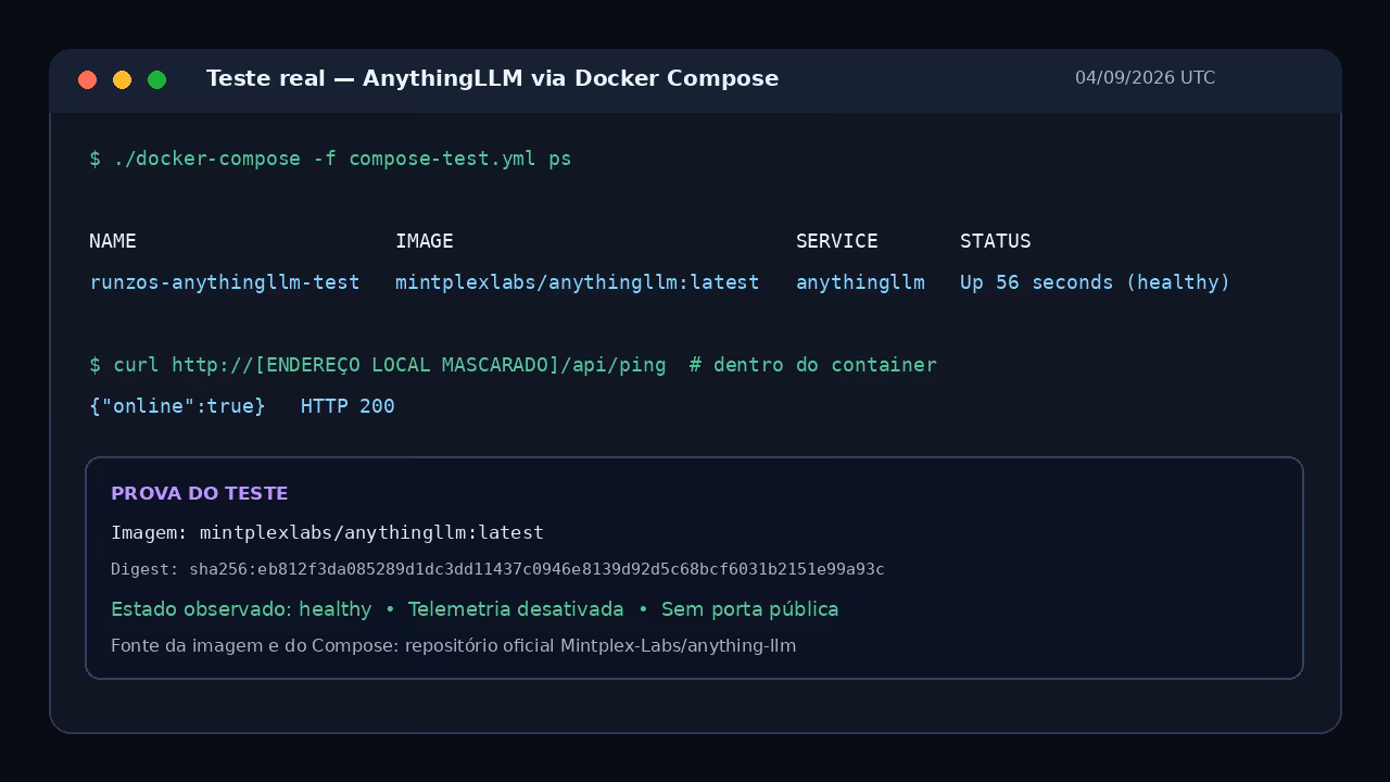 Terminal mostrando o container do AnythingLLM saudável após teste real com Docker Compose