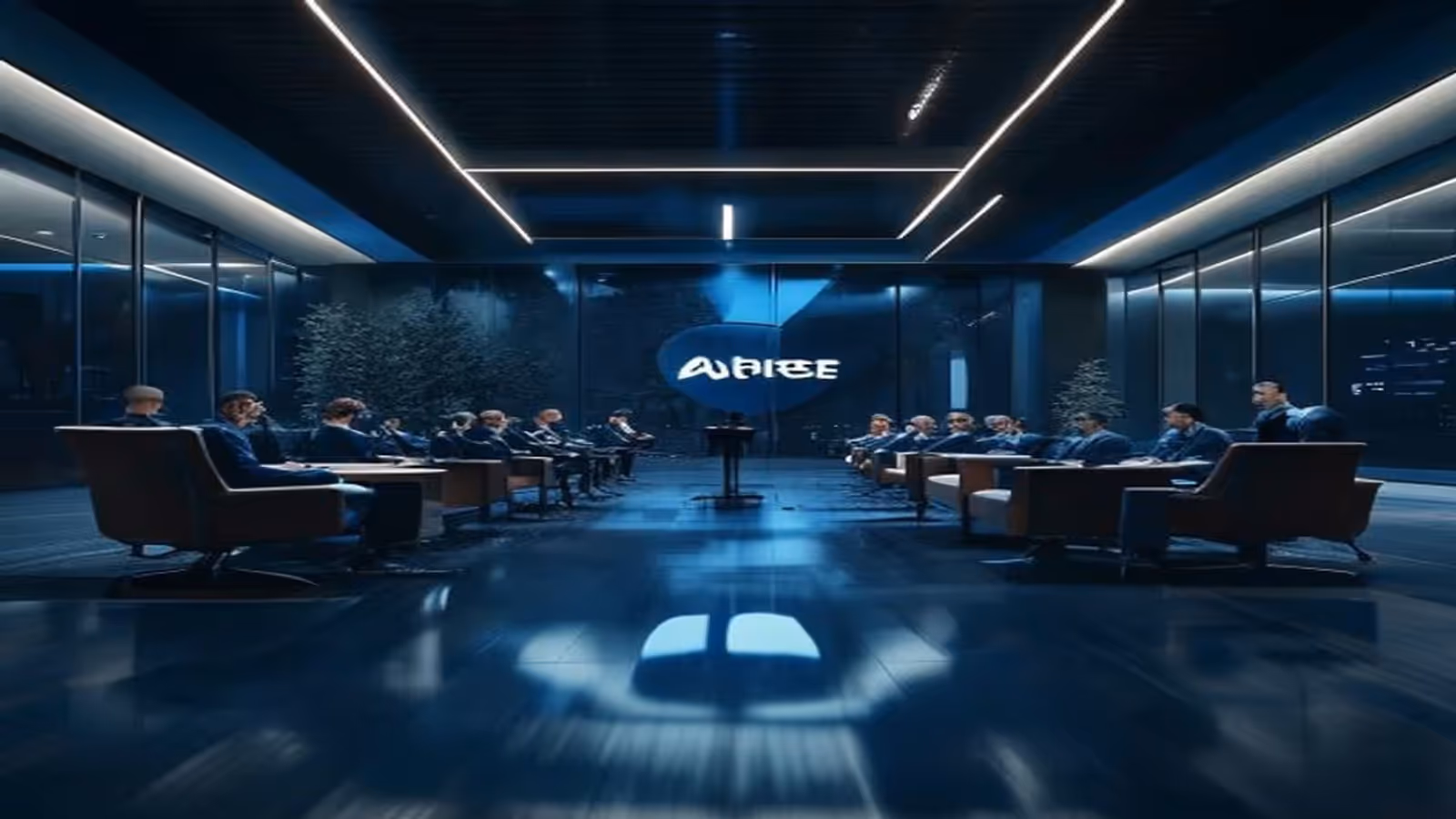 Ilustracao editorial: Apple processa OpenAI por roubo de segredos comerciais, tons escuros de azul e cinza, iluminacao cinematografica