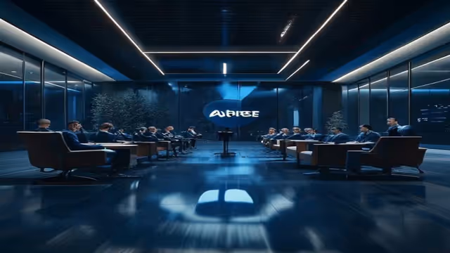Ilustracao editorial: Apple processa OpenAI por roubo de segredos comerciais, tons escuros de azul e cinza, iluminacao cinematografica