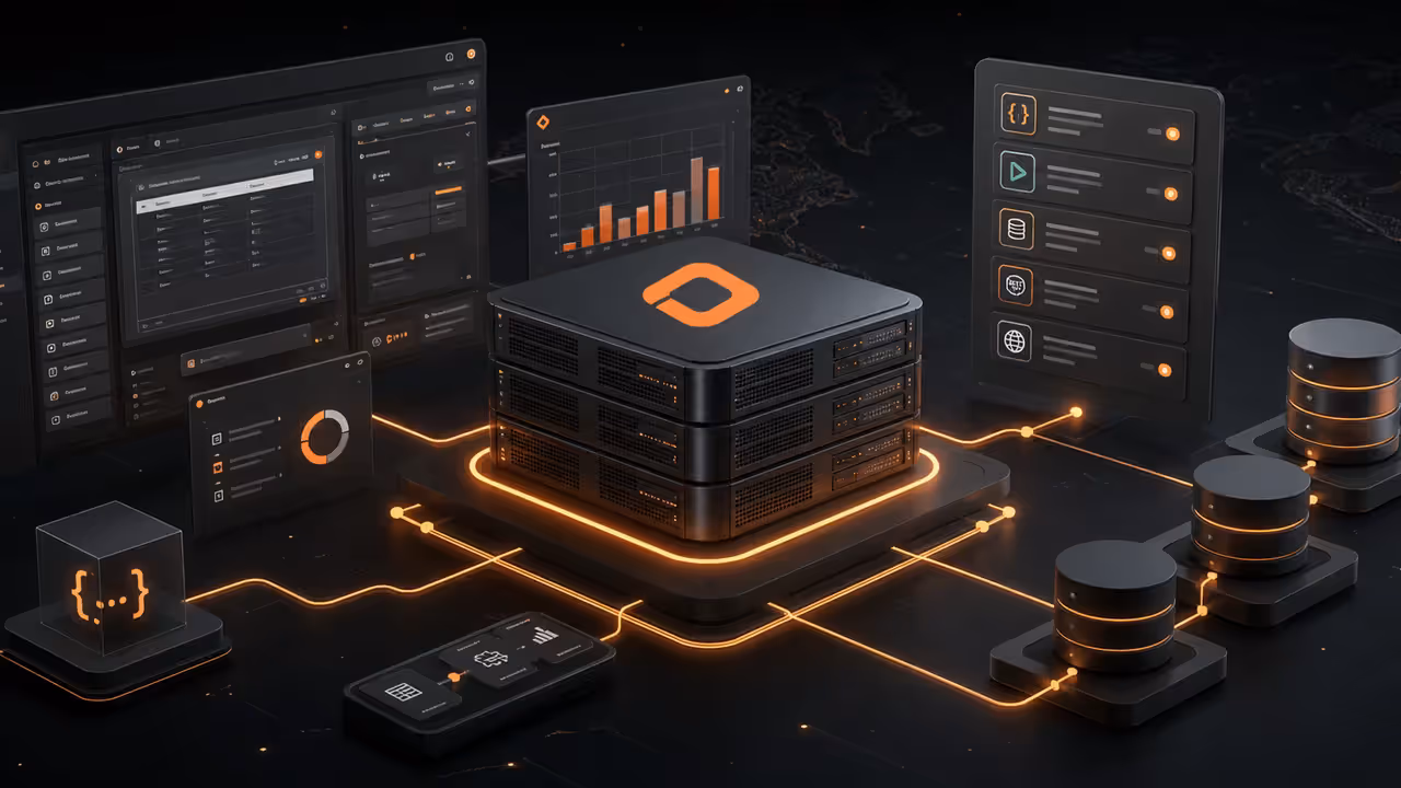Ilustração do Appsmith auto-hospedado em uma VPS, conectando painéis internos a APIs e bancos de dados