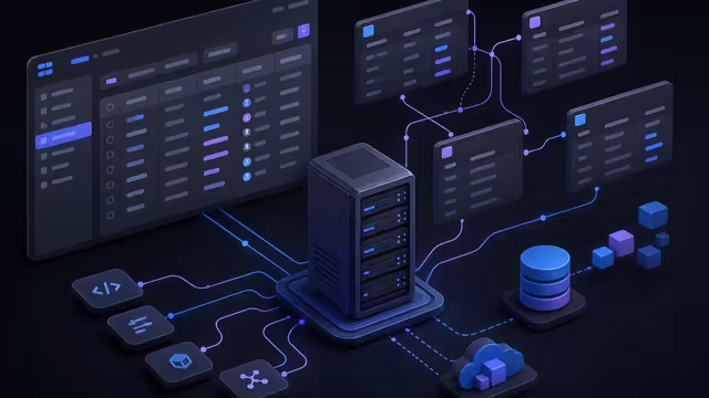 Ilustração do Baserow auto-hospedado em uma VPS, conectando uma base de dados, aplicações e APIs