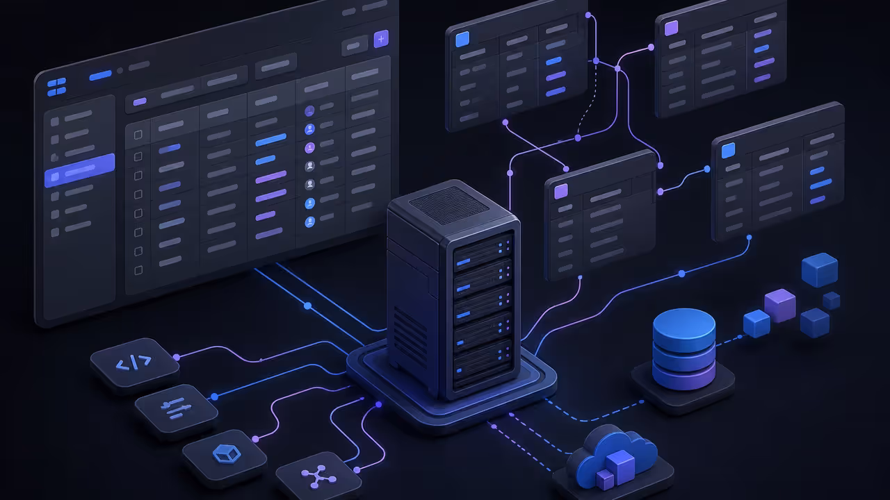 Ilustração do Baserow auto-hospedado em uma VPS, conectando uma base de dados, aplicações e APIs
