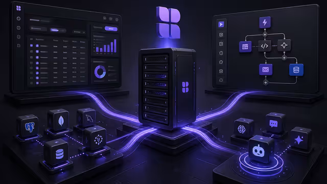 Ilustração do Budibase auto-hospedado em uma VPS, conectando aplicações internas, automações e fontes de dados