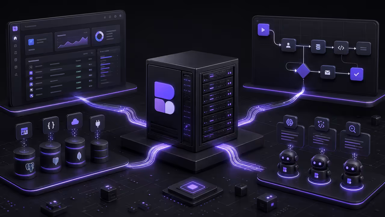 Ilustração do Budibase auto-hospedado em uma VPS, conectando aplicações internas, automações e fontes de dados