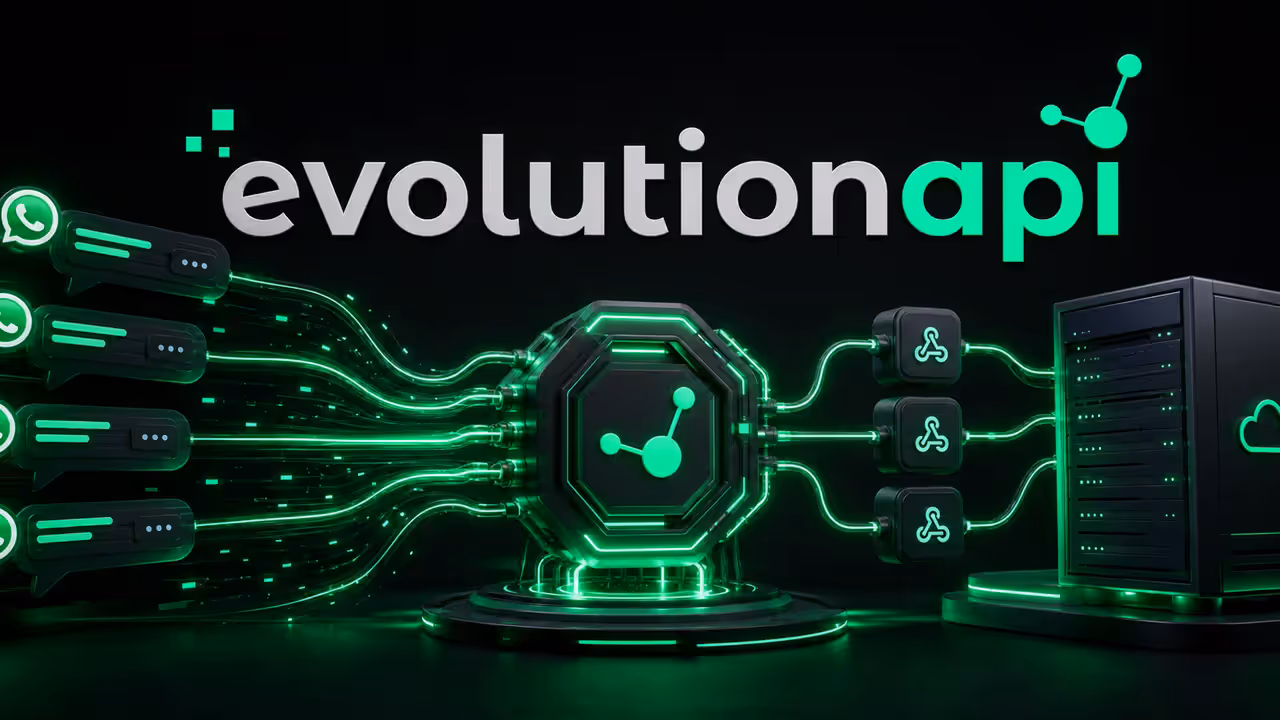 Ilustração da Evolution Go conectando conversas do WhatsApp a uma API hospedada em servidor VPS