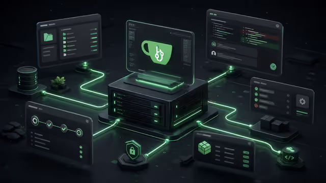 Ilustração do Gitea auto-hospedado em uma VPS, reunindo repositórios Git, revisão de código, issues e CI/CD