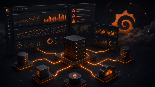 Ilustração do Grafana em uma VPS, com dashboards, alertas e fontes de dados de observabilidade