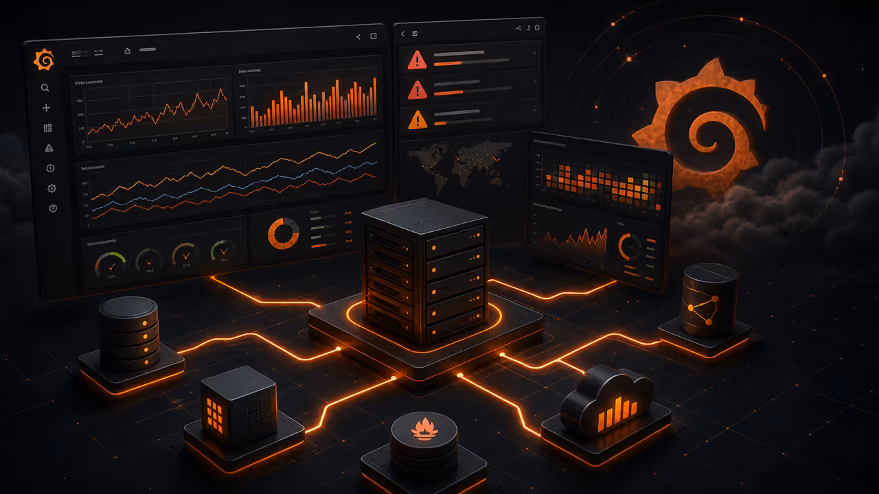 Ilustração do Grafana em uma VPS, com dashboards, alertas e fontes de dados de observabilidade