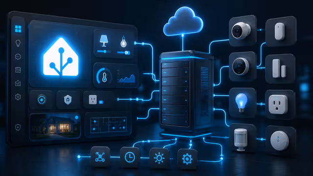 Ilustração do Home Assistant em uma VPS, conectando painel, sensores, luzes, tomadas, câmeras e automações de uma casa inteligente