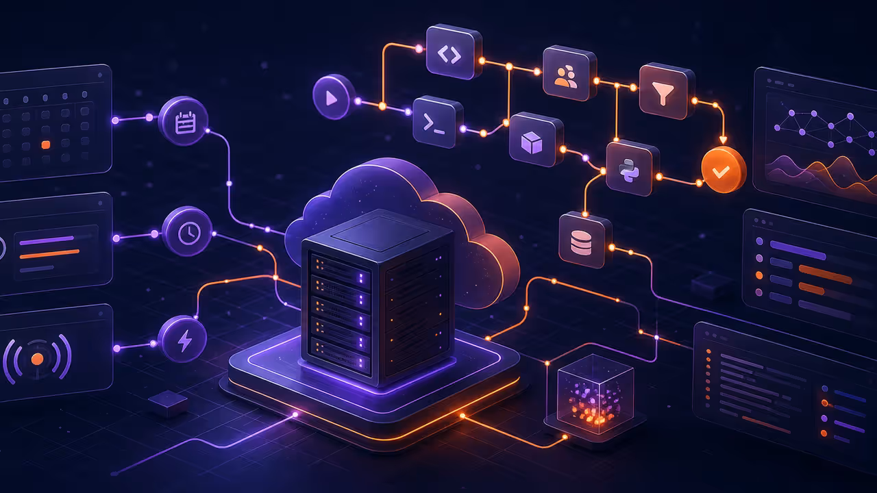 Ilustração da Kestra orquestrando workflows de dados e automação em um servidor VPS