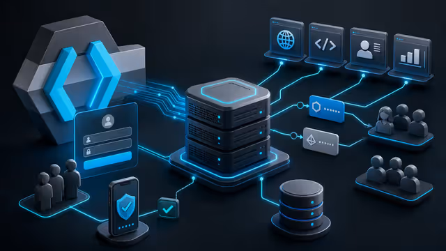 Ilustração do Keycloak centralizando login, autenticação e permissões em um servidor VPS