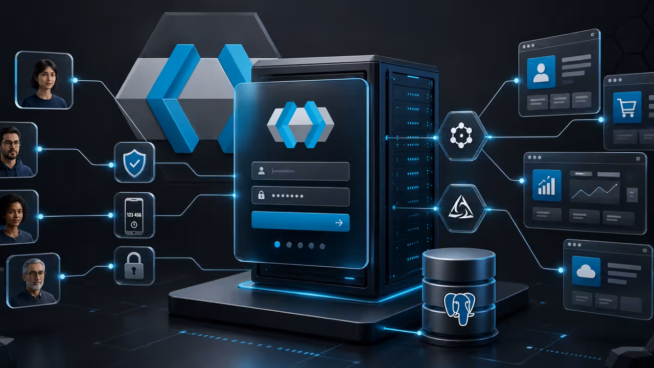 Ilustração do Keycloak centralizando login, autenticação e permissões em um servidor VPS