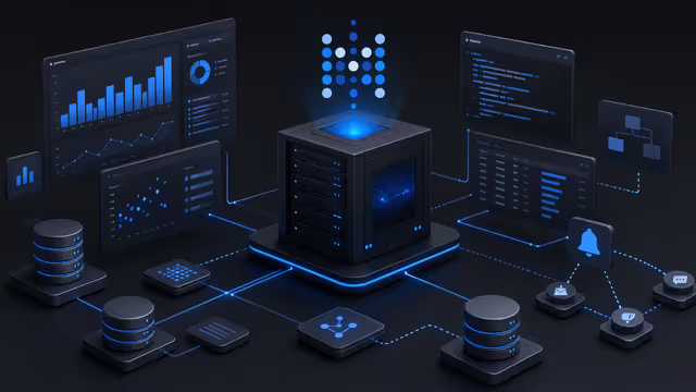 Ilustração do Metabase em uma VPS, com dashboards, consultas e bancos de dados conectados