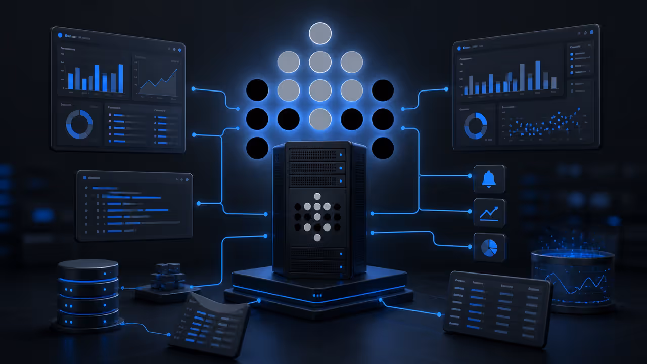 Ilustração do Metabase em uma VPS, com dashboards, consultas e bancos de dados conectados