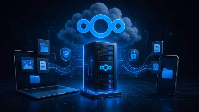 Ilustração do Nextcloud em uma VPS, sincronizando arquivos entre dispositivos e uma nuvem privada