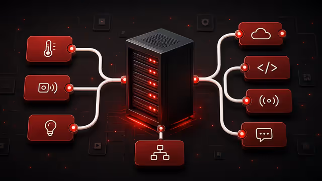 Ilustração do Node-RED auto-hospedado em uma VPS conectando dispositivos IoT, APIs e serviços online