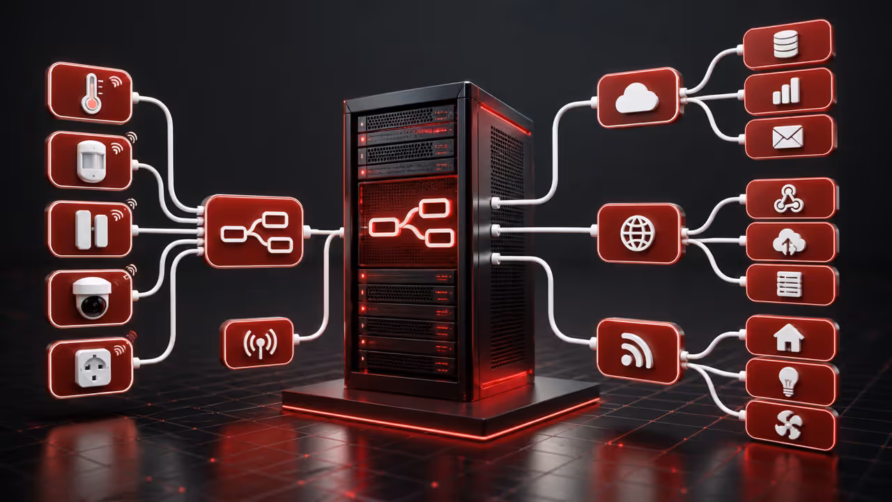 Ilustração do Node-RED auto-hospedado em uma VPS conectando dispositivos IoT, APIs e serviços online