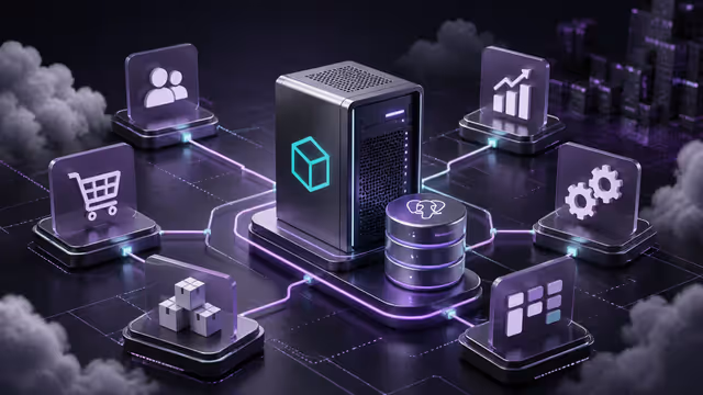 Ilustração do Odoo auto-hospedado em uma VPS, conectando CRM, vendas, estoque, financeiro e produção