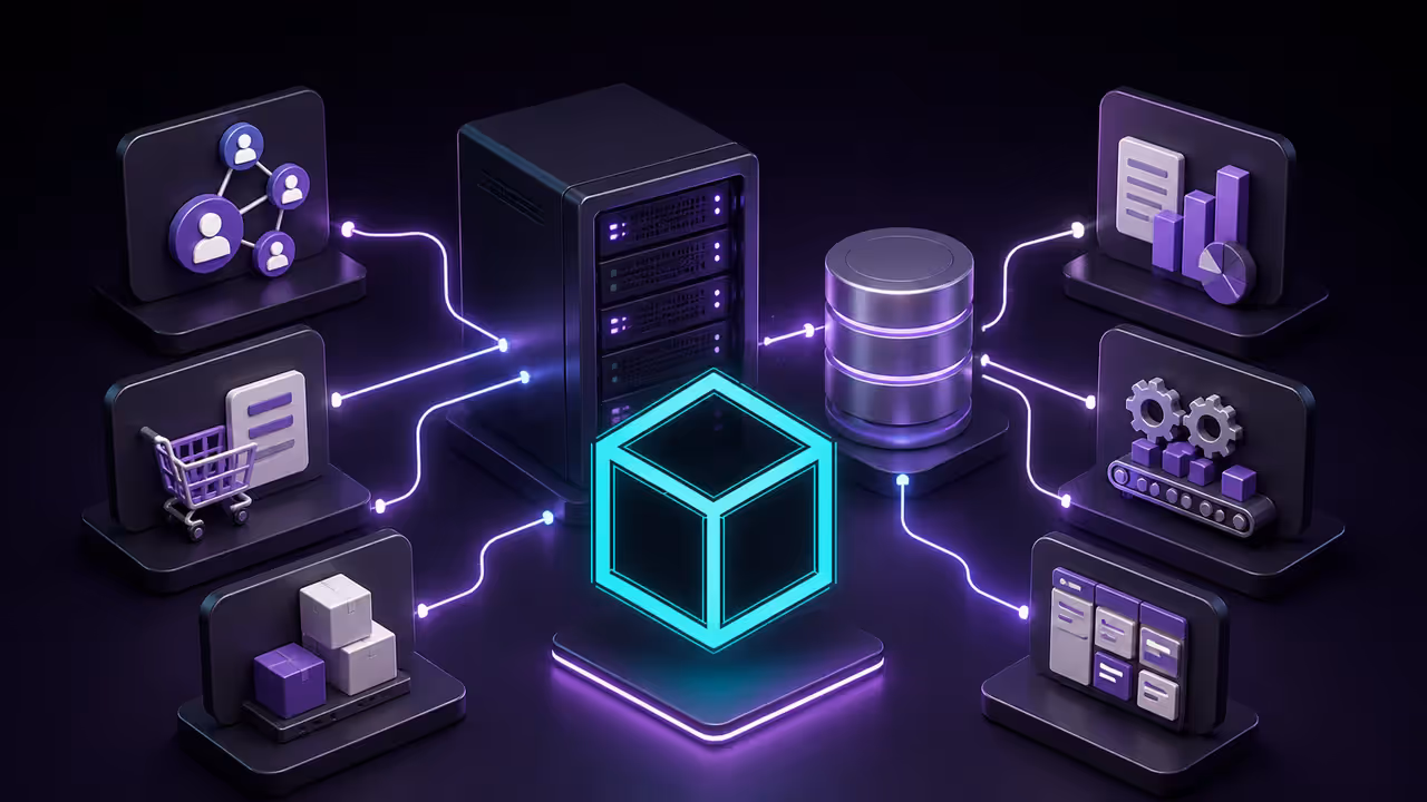 Ilustração do Odoo auto-hospedado em uma VPS, conectando CRM, vendas, estoque, financeiro e produção