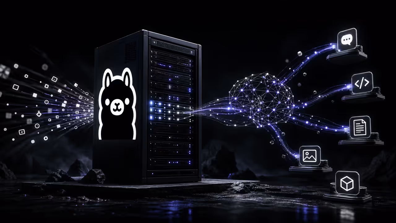 Ilustração do Ollama executando modelos de IA locais em um servidor VPS