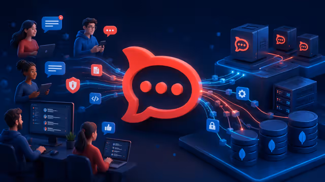 Ilustração do Rocket.Chat conectando uma equipe a uma infraestrutura VPS com MongoDB