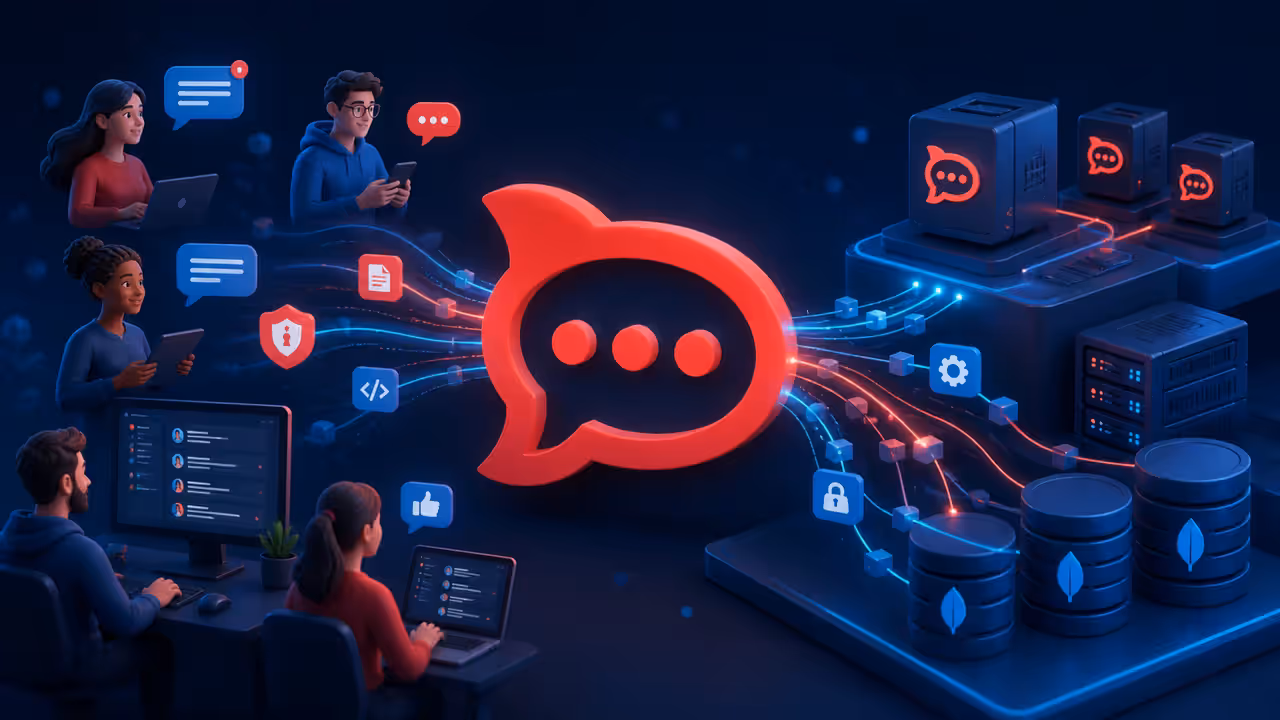 Ilustração do Rocket.Chat conectando uma equipe a uma infraestrutura VPS com MongoDB