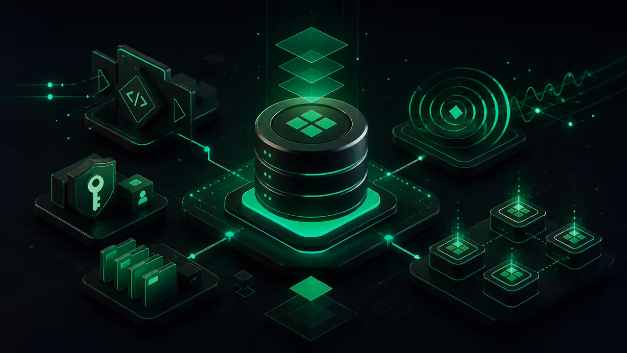 Ilustração do Supabase auto-hospedado em um servidor VPS, conectando PostgreSQL, API, autenticação, armazenamento e tempo real