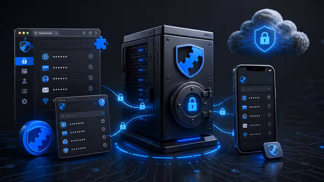Ilustração do Vaultwarden em uma VPS, com um cofre de senhas, servidor seguro, navegador e celular conectados por criptografia