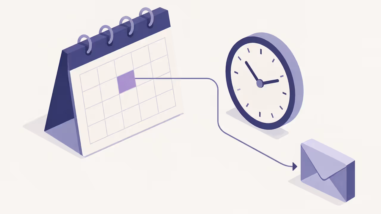 Ilustração de um calendário com um horário marcado ligado a um envelope de confirmação