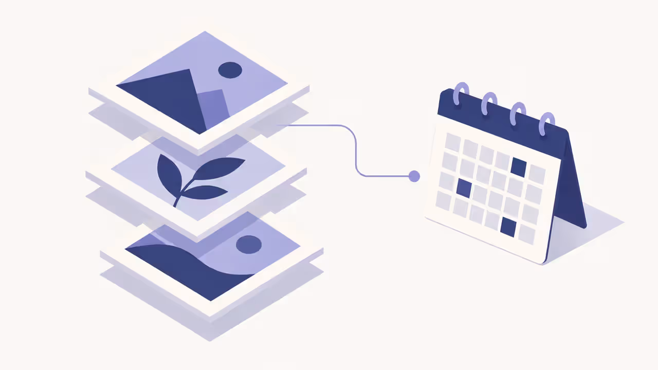 Ilustração de três quadros quadrados ligados a um calendário, representando publicação agendada