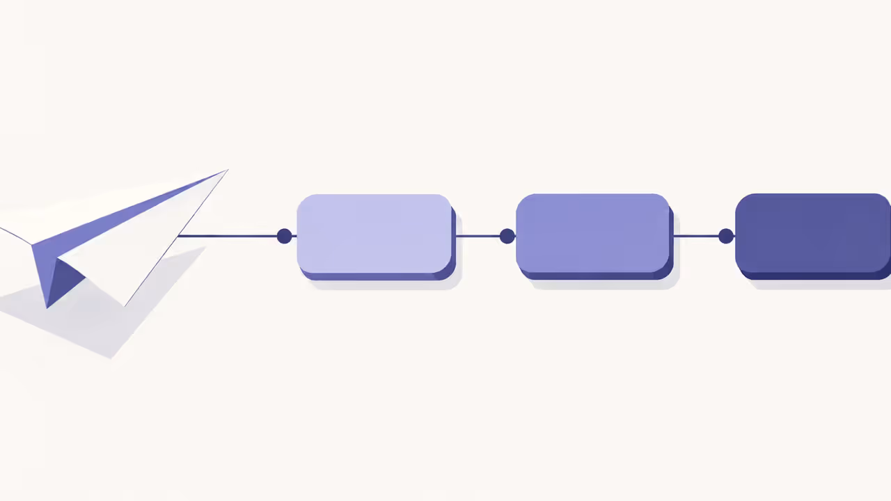 Ilustração de um avião de papel ligado a três blocos em sequência, representando o fluxo de um bot de Telegram