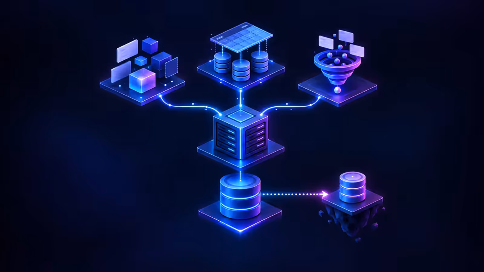 Ilustração de uma base no-code, uma interface sobre banco SQL e um CRM conectados a VPS, banco persistente e backup.
