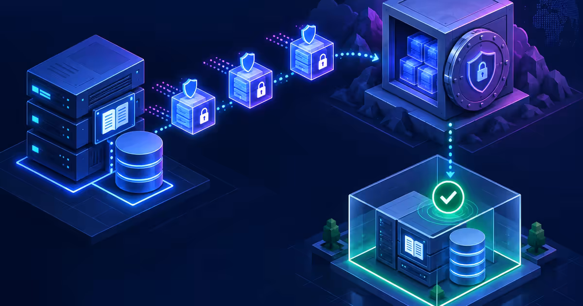 Wiki em VPS enviando cópias protegidas a um cofre remoto e restaurando os dados em um ambiente de teste.