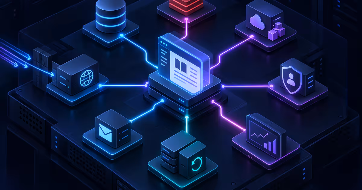 Wiki self-hosted ligada a banco, cache, storage, proxy, identidade, e-mail, backup e monitoramento.
