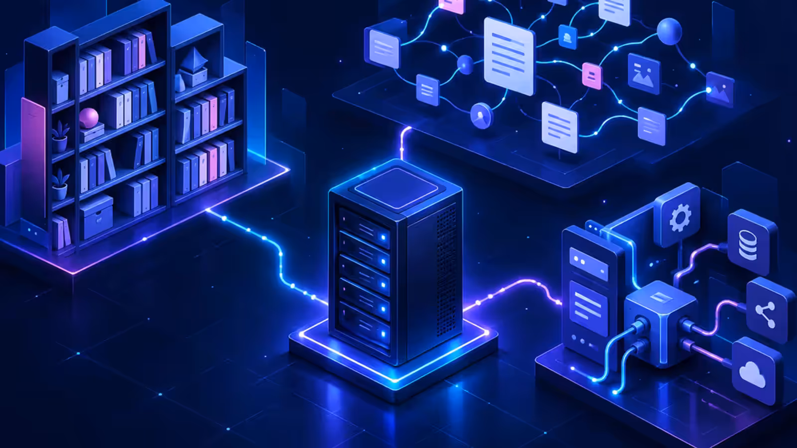 Servidor VPS conectado a três sistemas abstratos de wiki privada, com biblioteca, colaboração e integrações.