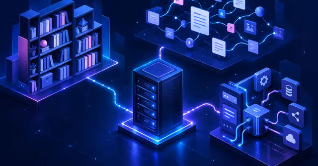 Servidor VPS conectado a três sistemas abstratos de wiki privada, com biblioteca, colaboração e integrações.